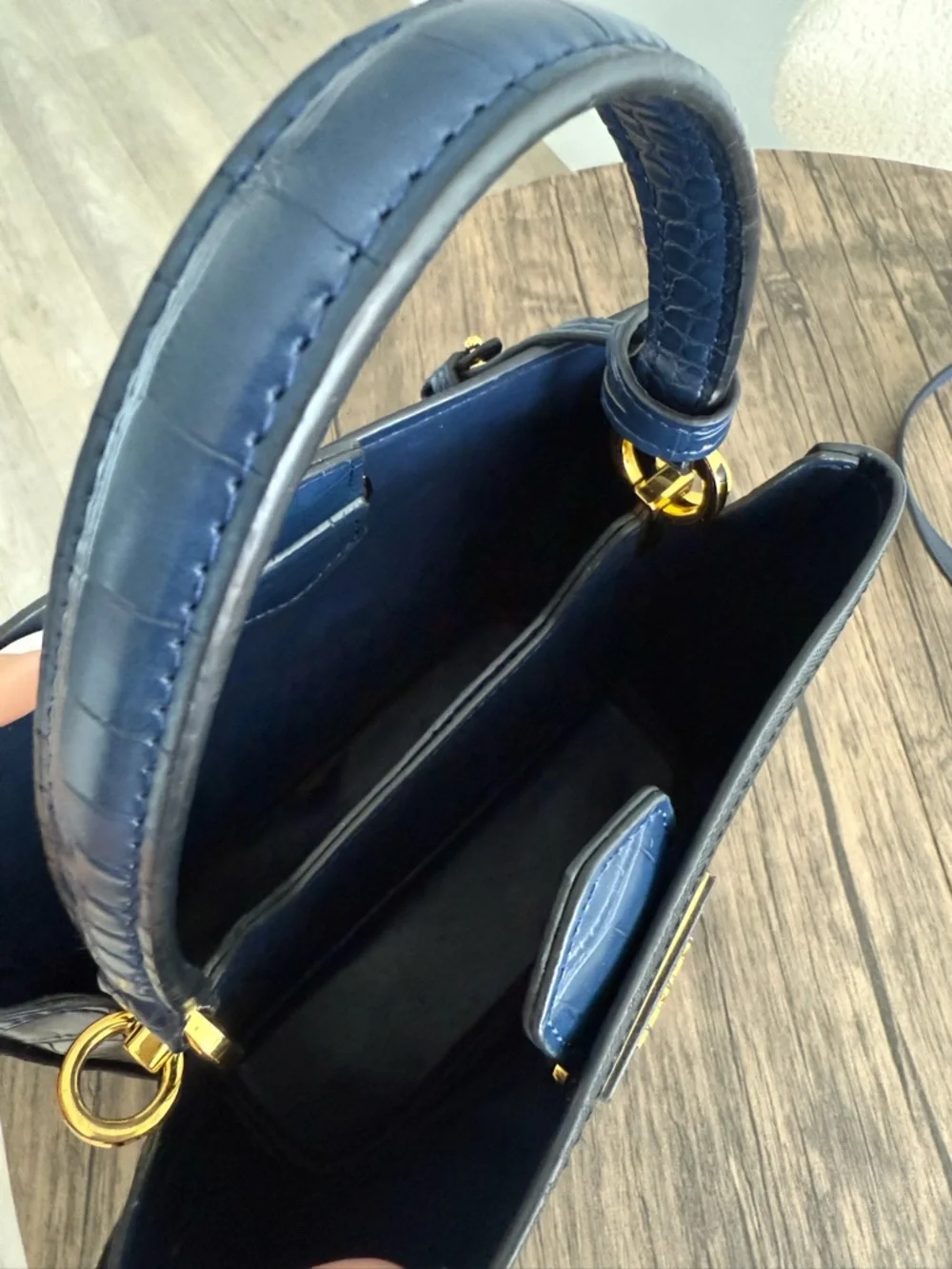 Prada Black Saffiano Leather Bucket Satchel with Navy Trim - Picture 8 of 9